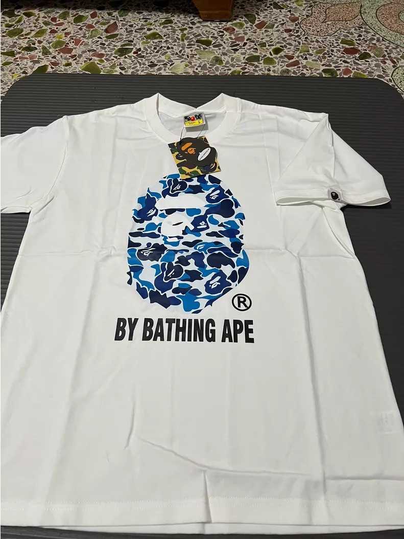Bape White Tee With Blue Camo Ape Graphic And YellowGreen Camo Tag